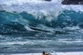 Surfer Paddling Out Wave Waimea Bay North Shore Oahu Hawaii