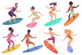 Surfer people riding surfboards set. Man and woman surfing on the sea or ocean vector Illustration. Royalty Free Stock Photo