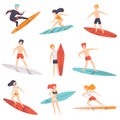 Surfer people riding surfboards set, young women amd men enjoying summer vacation on the sea or ocean vector