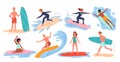 Surfer people surf on summer sea beach set, man woman in bikini surfing on surfboards Royalty Free Stock Photo