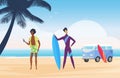 Surfer people surf on tropical summer beach landscape, standing with surfboard and van