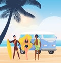 Surfer people with surfboards on summer sea beach party, surf extreme tropical adventure Royalty Free Stock Photo