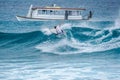 Surfer on perfect blue aquamarine wave, empty line up, perfect for surfing, clean water, Indian Ocean Royalty Free Stock Photo