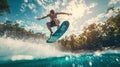 A surfer performs a jump over a wave, capturing a moment of excitement and skill Royalty Free Stock Photo