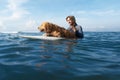 Surfer Portrait. Surfing Man With Dog On Surfboard Swimming In Ocean. Water Sport As Hobby. Royalty Free Stock Photo