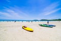 Surfer on Pretty beach and ocean with sailboat Royalty Free Stock Photo