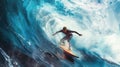Surfer rides big ocean wave, male person surfs in sea, man slides in water barrel. Concept of sport, travel, extreme, fun, people Royalty Free Stock Photo
