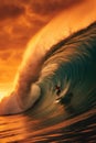 A surfer rides a large wave at sunset. Generative AI image.