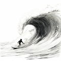 Fantasy Illustration: Surfer Riding Storm Surge In Single Line Drawing