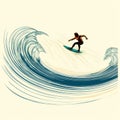 Dark Cyan And Light Amber Surfer Illustration On A Wave