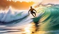 Surfer rides a wave, silhouetted against a golden sunset. The ocean s power and the surfer s skill merge in harmony Royalty Free Stock Photo