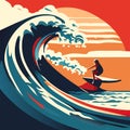 Surfer rides a wave at sunset. in flat style Generative AI