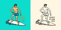 Surfer rides the waves on a board. Summer Surf sign. California card. Vintage Man on the surfboard, beach and sea