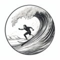 Surfer Riding Barrel: Wood Engraving Style Monochromatic Graphic Design