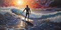 surfer riding a big wave at sunset illustration Royalty Free Stock Photo