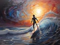 surfer riding a big wave at sunset illustration Royalty Free Stock Photo