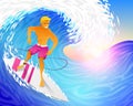 Surfer riding on blue ocean wave with surfboard. Muscular man on weekends. Happy young guy on the crest. Sea and Beach Royalty Free Stock Photo