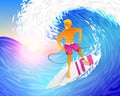 Surfer riding on blue ocean wave with surfboard. Muscular man on weekends. Happy young guy on the crest. Sea and Beach Royalty Free Stock Photo