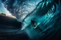 A surfer riding a massive wall of turquoise barrel waves, shot from within the tube to capture airborne arcs of water in jeweled