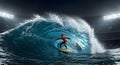 Dynamic Surfer Riding a Massive Wave in a Lit Stadium Arena at Night Royalty Free Stock Photo