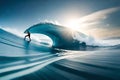 A surfer riding a massive wave, captured from underwater to showcase the power and beauty of the ocean