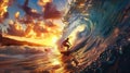 A surfer riding a powerful wave at sunset, with vivid colors and dynamic motion. Royalty Free Stock Photo