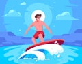 Surfer riding surfboard on water wave in sea, Cool boy surfing, standing on surf board Royalty Free Stock Photo