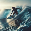 Surfer riding and turning with spray on blue ocean wave, surfing ocean lifestyle, extreme sports, slow motion. Royalty Free Stock Photo
