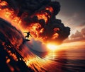 surfer riding a wave of fire , smoke and explosion, at sunset Royalty Free Stock Photo