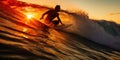 Surfer riding wave at sunset Royalty Free Stock Photo