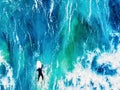 Surfer rises on crest of wave in blue ocean. Aerial top view Royalty Free Stock Photo