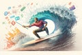 The surfer rode the wave made up of colorful icons of social media