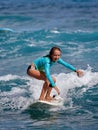 Surfer school. Beautiful young woman in swimsuit. Surfer on the wave. beautiful ocean wave. Water sport activity