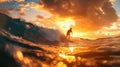 Surfer on sea wave at sunset, silhouette of man on sunny sky background, people on ocean beach. Concept of surf, sport, travel, Royalty Free Stock Photo