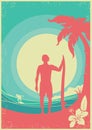 Surfer and sea waves tropical island.Vector poster background