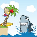 Funny cartoon illustration, big shark attack a funny surfer Royalty Free Stock Photo