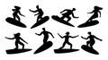 Surfer silhouettes. Surfing person with wave and surfboard. Art board man and woman silhouets. Extreme black and white Royalty Free Stock Photo