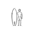 Surfer standing with surfboard hand drawn outline doodle icon. Royalty Free Stock Photo