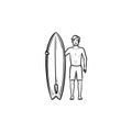 Surfer standing with surfboard hand drawn outline doodle icon. Royalty Free Stock Photo