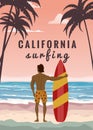 Surfer standing with surfboard on the tropical beach back view. California surfing palms ocean theme. Vector
