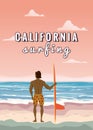 Surfer standing with surfboard on the tropical beach back view. California surfing palms ocean theme. Vector Royalty Free Stock Photo