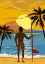 Surfer standing with surfboard on the tropical beach back view. Hawaii surfing palms ocean theme retro vintage. Vector