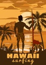 Surfer standing with surfboard on the tropical beach back view. Hawaii surfing palms ocean theme retro vintage. Vector Royalty Free Stock Photo