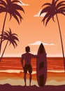 Surfer standing with surfboard on the tropical beach back view. Palms ocean surfung theme retro vintage. Vector Royalty Free Stock Photo