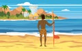 Surfer standing with surfboard on the tropical beach back view. Palms ocean surfung theme. Vector illustration isolated Royalty Free Stock Photo