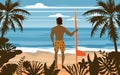 Surfer standing with surfboard on the tropical beach back view. Palms ocean surfung theme. Vector illustration isolated Royalty Free Stock Photo