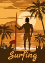 Surfer standing with surfboard on the tropical beach back view. Surfing palms ocean theme retro vintage. Vector Royalty Free Stock Photo