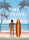 Surfer standing with surfboard on the tropical beach back view. Time to travel palms ocean surfung theme. Vector Royalty Free Stock Photo
