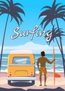 Surfer standing with surfboard and van, camper on the tropical beach back view. Surfing palms ocean theme retro vintage Royalty Free Stock Photo