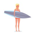 Surfer stands sideways holding board for swimming in his hands. Royalty Free Stock Photo